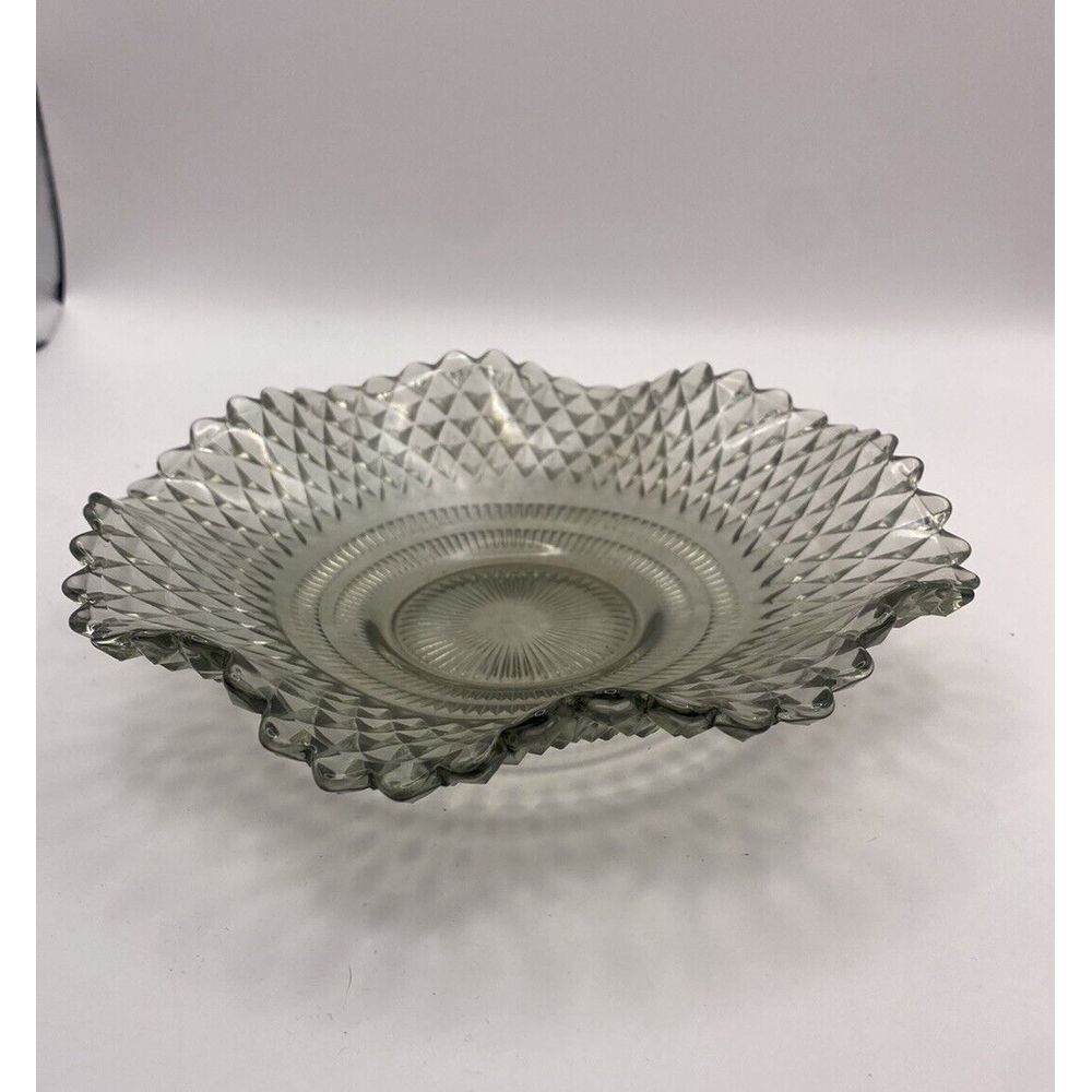 Indiana Glass Clear/Gray Diamond Point Cut‎ Glass Round Candy Dish Ruffled Edge